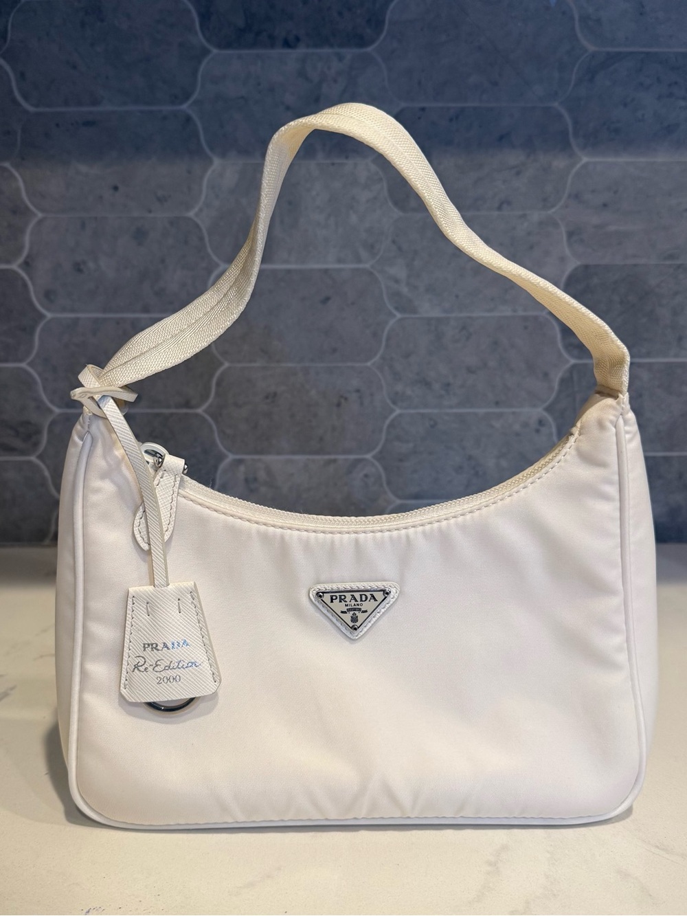 Prada White Re Edition 2000 Nylon Shoulder Bag with Logo Triangle